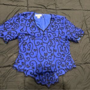 Vintage LAURENCE KAZAR Blue Silk Beaded Short Sleeve Top Sz Large Art Deco 80s